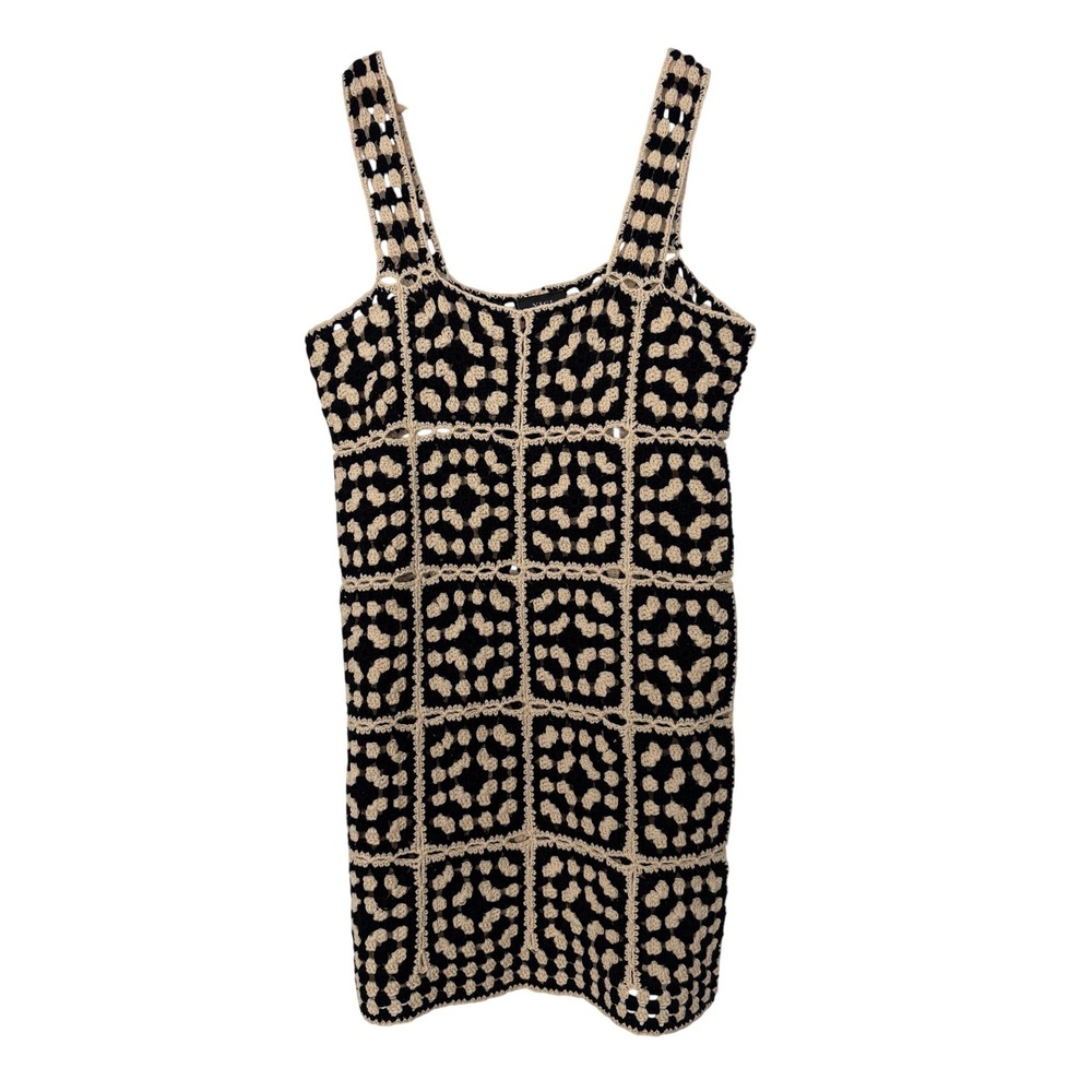 VICI Cottagecore Fairy Black Cream Crochet GrannySquare Mini Dress Sleeveless L